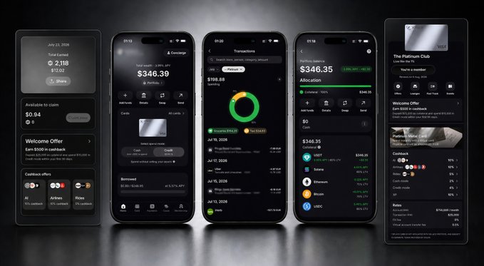 Five smartphone mockups displaying a finance/crypto app interface, showing screens for Earnings, Concierge, Transactions, Allocation, and The Platinum Club Visa card details.