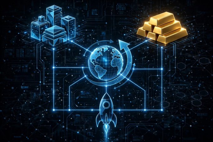 A digital illustration depicting a globe connected by circuit lines to glowing blue server icons, a gold bar stack, and a launching rocket against a dark tech-themed background.