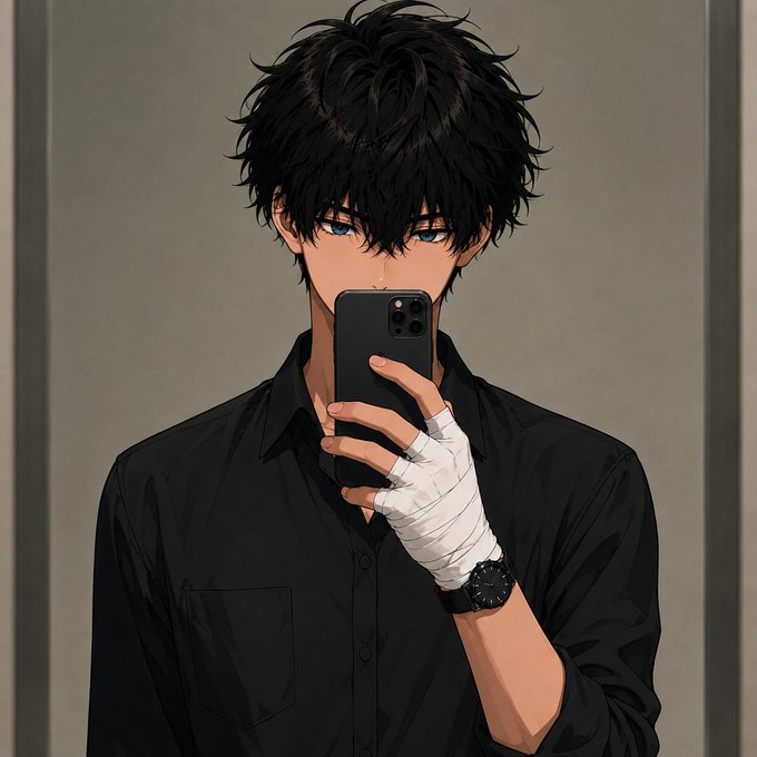 An anime-style illustration of a young man with messy black hair wearing a black button-up shirt, holding a smartphone that partially obscures his face, with a bandaged hand wearing a watch.