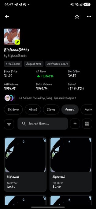 A screenshot of the Robinhood Chain app shows an NFT collection called "BigHood#**bs" by bighoodboobs, displaying a floor price of $2.00, 1D change of +19,865%, and items from August 2026.