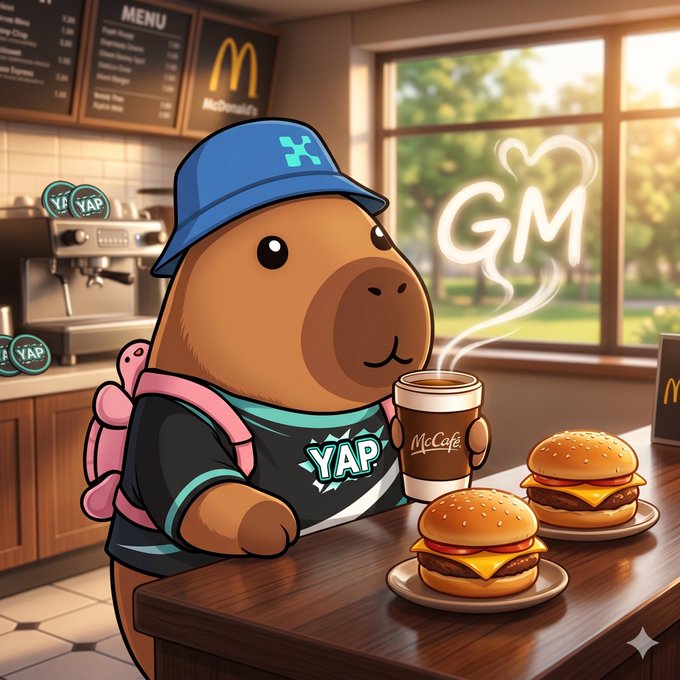An illustration of a cartoon capybara wearing a blue cap and a 'YAP' shirt, sitting at a McDonald's counter with two burgers and a McCafe coffee, with 'GM' written in the sky.