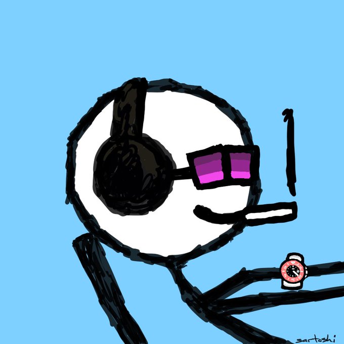 Cartoon stick figure drawing on a blue background wearing black headphones, purple sunglasses, and a pink wristwatch, signed 'sartoshi'.
