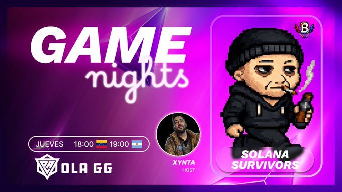 'GAME nights' event poster for 'SOLANA SURVIVORS' hosted by XYNTA on Thursday (Jueves) at 18:00/19:00, featuring a character holding a bottle.