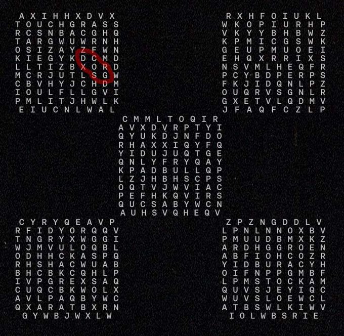 A dark-themed word search or letter grid puzzle with white capital letters arranged in blocks against a black background, with one set of letters circled in red on the upper-left grid.