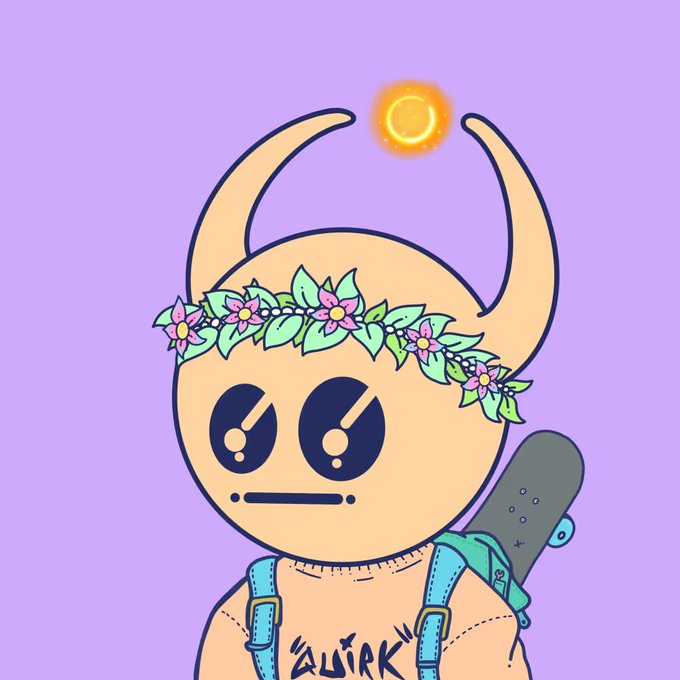 An illustration of a yellow cartoon character with horns, a flower crown, and a backpack, with a small sun floating above its head against a purple background.