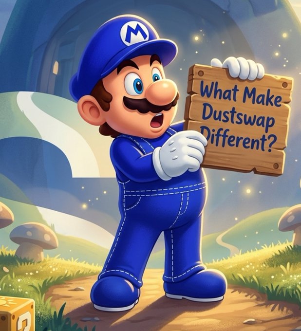 A Mario-style cartoon character in blue overalls and cap holds a wooden sign reading 'What Make Dustswap Different?' in a colorful fantasy landscape.