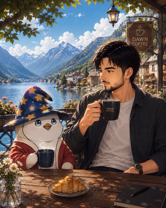 The image features a man sitting at a table with croissants and coffee, accompanied by a cartoon character wearing a wizard hat. The caption for the image reads "GM Every action leaves a signal. On @NucleusCodes, reputation is built through consistent participation, meaningful contributions, and genuine engagement across the ecosystem."