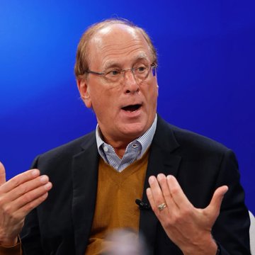An older man with glasses and a ring gestures with both hands while speaking, set against a blue background. The image likely depicts Larry Fink, CEO of BlackRock, connecting to the post about BlackRock clients purchasing $146.44 million worth of $ETH (Ethereum).
