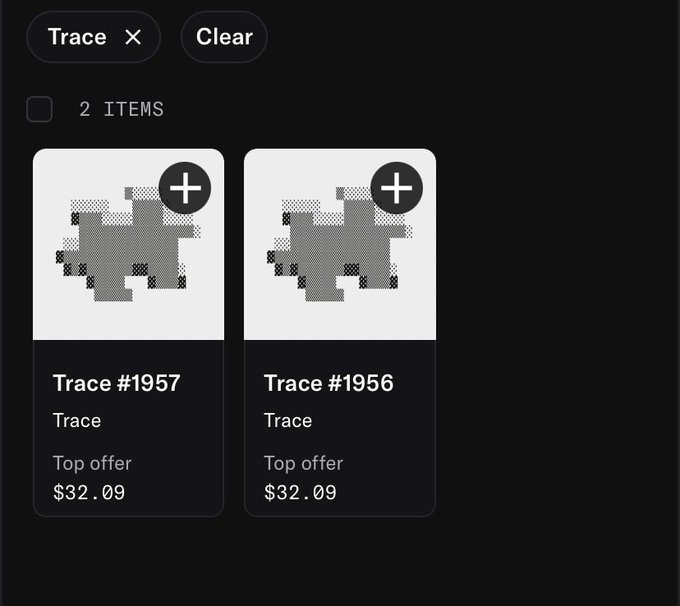 An NFT marketplace interface showing 2 items in the 'Trace' category, displaying pixelated artwork cards for Trace #1957 and Trace #1956, each with a top offer of $32.09.