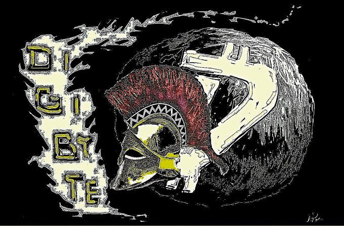 A stylized illustration features a Spartan warrior's helmet in yellow, red, and black tones set against a circular backdrop, with the word "DIGIBYTE" spelled vertically in a rugged, flame-like font on the left side. This artistic representation aligns with the post's promotion of DigiByte (DGB) as an innovative blockchain for digital assets, smart contracts, and decentralized applications, while also crediting the Instagram creator @milevbtc.