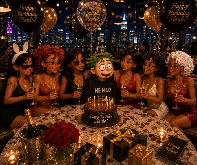 A stylized, AI-generated birthday party scene featuring a cartoon character wearing a 'HENLO' hoodie, surrounded by women and 'Happy Birthday Henlo!' balloons against a city skyline.