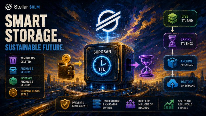 A promotional graphic for Stellar $XLM featuring 'SMART STORAGE. SUSTAINABLE FUTURE.' with Soroban, highlighting features like TTL expiration, archive off-chain, and storage cost scaling.