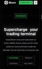 A mobile app advertisement for Bloom Extension on Launch App v3, promoting trading tools like Axom, OMORI, and Photon with platforms including SCRAPPING, PRESETS, PAL CARDS, and PAL CARDS.