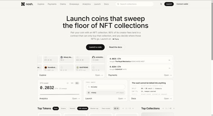 A screenshot of the 'sosh' website homepage displays the tagline 'Launch coins that sweep the floor of NFT collections' with a dashboard interface showing token rewards.
