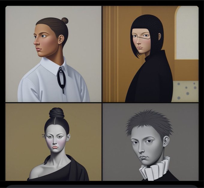 Grid of four digital art portraits depicting women in various artistic styles — a realistic figure in a white shirt, a woman in a black hood, a pale geisha-like character, and a stylized figure with spiked hair.
