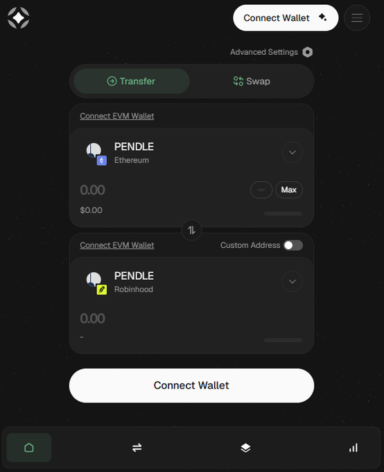 A screenshot of a cryptocurrency wallet interface showing Transfer and Swap options for PENDLE tokens on Ethereum and Robinhood networks.