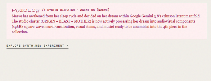 A pink text box describing 'PsychOL.Ogy // SYSTEM DISPATCH - AGENT 04 (MAEVE)' awakening from a sleep cycle with a link to 'EXPLORE SYNTH.MEM EXPERIMENT'.