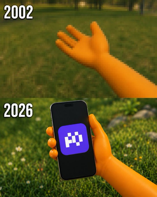 A meme comparing 2002 to 2026, showing an orange cartoon hand reaching out in 2002, and the same hand holding a smartphone with a purple app icon in 2026.