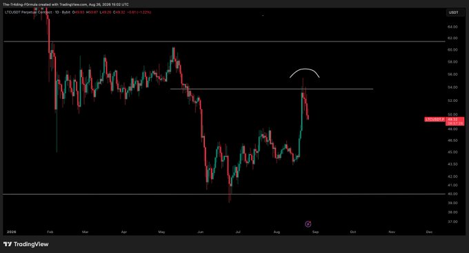 A TradingView chart for LTC/USD on the daily timeframe shows Litecoin's recent price rejection near $56, with a hand-drawn arc and horizontal level near $50 marking the area where the rally failed. The asset is now trading around $49.20, having pulled back from the $56 highs, aligning with the post's bearish update after hitting the $50 target.