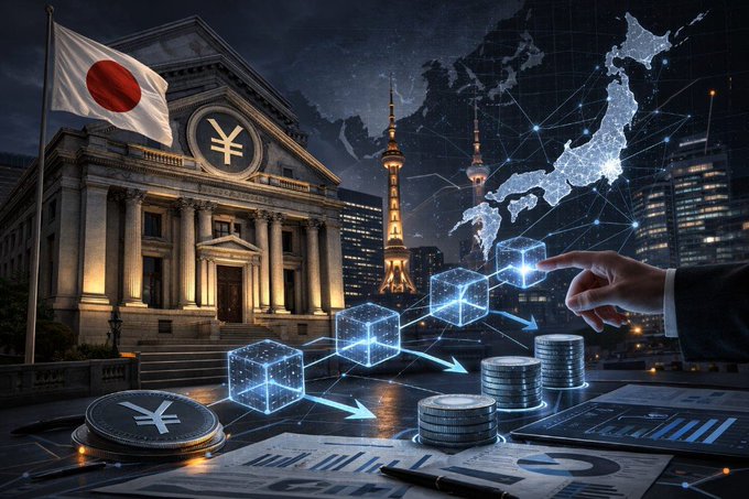 A composite image showing the Bank of Japan building with a Japanese flag alongside a yen coin, Tokyo Tower, a map of Japan with blockchain network nodes, digital cubes with arrows, stacked coins, and financial documents being touched by a hand, representing Japanese blockchain/stablecoin finance.
