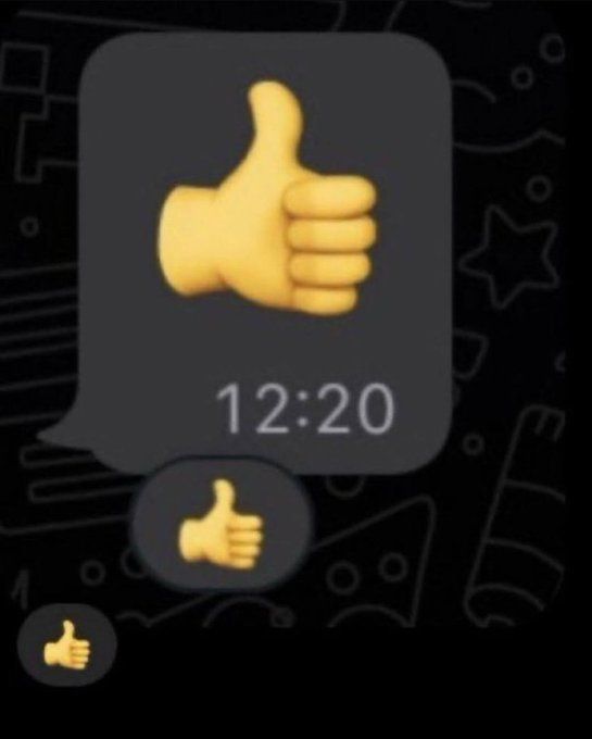 A digital chat notification displays a thumbs-up emoji at 12:20, with smaller thumbs-up reactions appearing below.