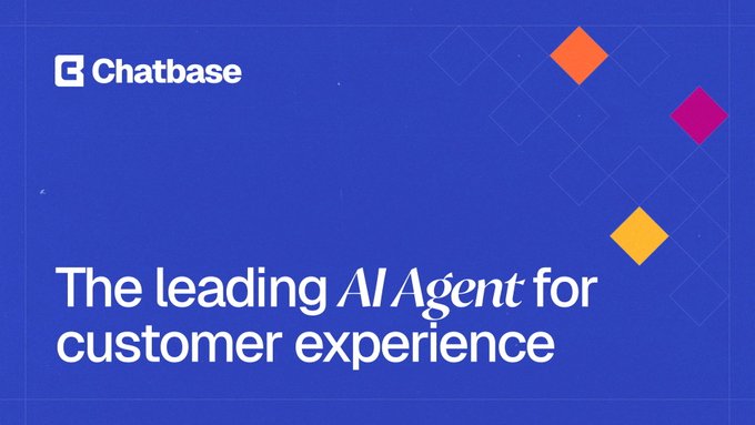 A promotional graphic for Chatbase with the text 'The leading AI Agent for customer experience' on a blue background with colorful diamond shapes.