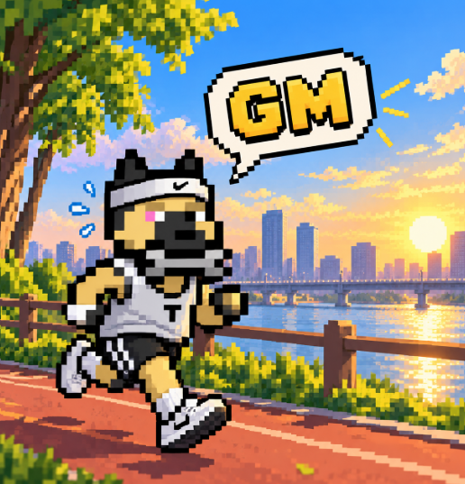 A pixel art illustration of a bearded man in athletic wear jogging on a path by a river with a city skyline in the background, with a speech bubble saying 'GM'.