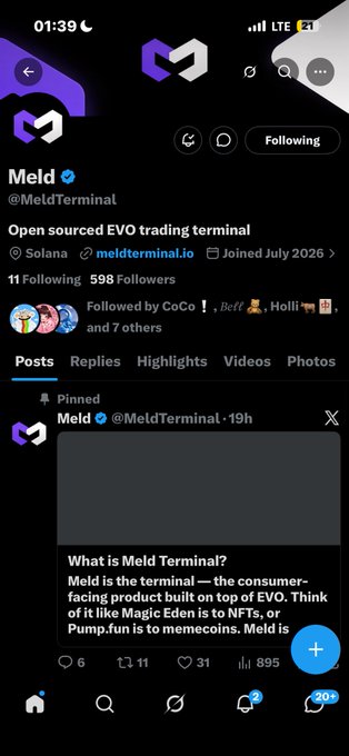 A screenshot of an X (Twitter) profile for 'Meld' (@MeldTerminal), an open-sourced EVO trading terminal on Solana, with 598 followers.