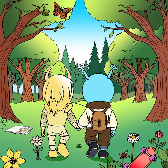A cartoon illustration of two characters seen from behind—one wrapped like a mummy and the other a blue alien with antennae wearing a backpack—holding hands while walking through a vibrant forest.