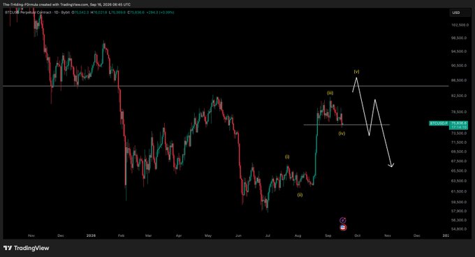 A daily candlestick chart of BTC/USD on TradingView displays price action with Elliott Wave annotations, showing a completed 1-2-3-4 wave pattern and a projected fifth wave up to roughly $92,000 before a downward correction, aligning with the post's view that a fifth wave upward is still needed despite bearish divergence at the current ~$76,500 level.