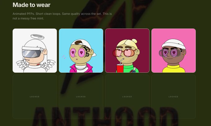 A "Made to wear" NFT gallery showcasing four character designs with unique animated traits, three additional slots marked "LOCKED," tied to the AntHood Monday Genesis mint offering 1,111 free GTD spots with no gas fees via GraveMint.