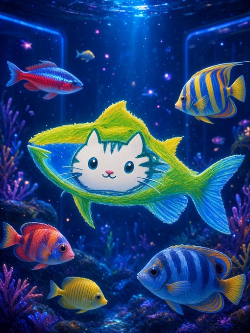 A vibrant digital illustration of an underwater scene featuring a large yellow and blue fish with a cute cat face, surrounded by colorful tropical fish and coral reefs.