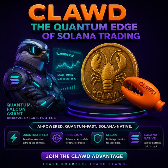 The image features a cartoon depiction of an eagle wearing sunglasses with the text "clawd" written below its wings, accompanied by a gold coin and a lobster claw. The background of the image is dark purple, and there are several words related to the topic of Quantum Edge and Solana Trading in the top right corner.