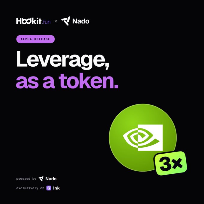 A promotional graphic for 'Hookit.fun x Nado' alpha release titled 'Leverage, as a token' featuring a green circular logo with '3x' indicator, powered by Nado on Arkham's Ink.