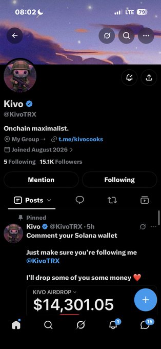 A screenshot of an X (Twitter) profile for @KivoTRX with the display name 'Kivo', bio 'Onchain maximalist.', showing 15.1K Followers, a pinned tweet offering a 'KIVO AIRDROP' of $14,301.05, with the interface timestamp 08:02 and LTE signal at 79%.