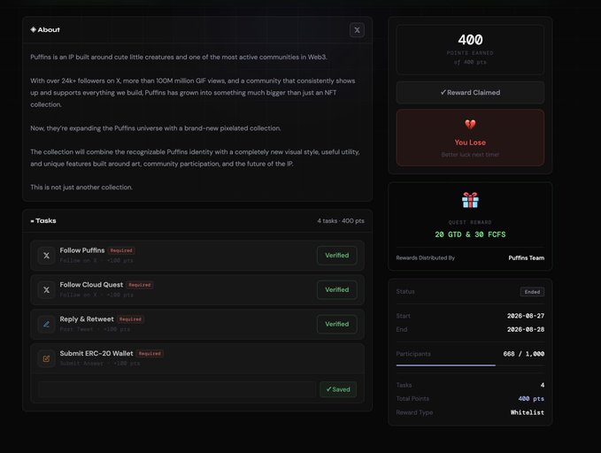 A screenshot of a 'Puffins' airdrop campaign interface showing an 'About' section, task list (Follow Puffins, Reply & Retweet, Submit ERC-20 Wallet), and a status panel indicating 'You Lose' and a quest reward of '20 GTD & 30 FCFS'.