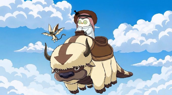 An anime-style illustration showing a character in a pink and white hat riding a large flying bison with an arrow marking, accompanied by a small winged lemur, set against a cloudy blue sky.