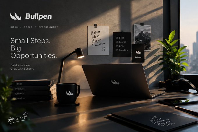 A dark-themed promotional image for "Bullpen" with the tagline "Small Steps. Big Opportunities.", featuring a laptop, coffee mug, and sticky notes on a desk with warm sunlight, signed "@bitnexst".
