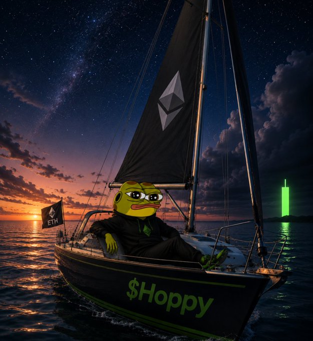 A frog-like character in a suit lounges on a sailboat named "$Hoppy" with an Ethereum sail, set against a sunset seascape with a glowing green tower.