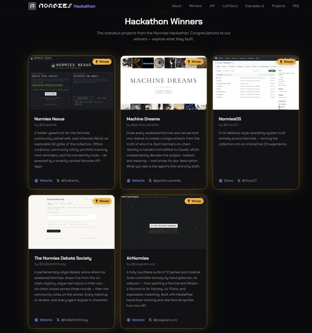 The image shows a "Hackathon Winners" webpage for the Normies Hackathon, displaying five winning projects: Normies Nexus by @0xGabriel_, Machine Dreams by @opoliticamedia, NormiesOS by @V0xD1, The Normies Debate Society by @OsBatshitCrazy, and AirNormies by @osaidjuncuna, each marked with a "Winner" badge. The post celebrates community connections and gratitude for the Normies event, aligning with the hackathon's celebratory showcase of standout projects.