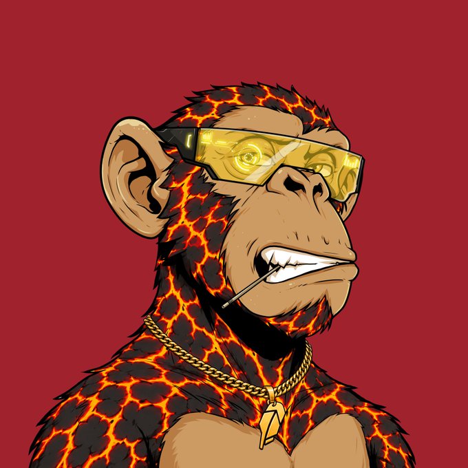 A stylized cartoon illustration of a chimpanzee with magma-textured fur wearing yellow futuristic sunglasses, a gold chain necklace, and holding a stick in its mouth against a red background.