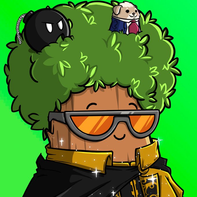 A cartoon illustration of a smiling wooden character with green leafy hair, orange sunglasses, and a small dog-like figure perched on top.