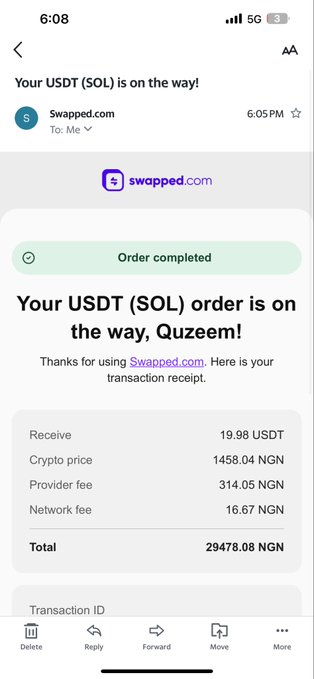 The image shows a transaction receipt from Swapped.com confirming a completed order where 19.98 USDT (SOL) was sent to Qazeam, with a total of 29,478.08 NGN deducted for crypto price, provider fee, and network fee. The screenshot serves as verification of the swap transaction to support the accompanying post about airdropping rewards.