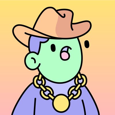 The image features a cartoon character wearing a hat, a blue shirt, and a gold chain necklace. The character appears to be a cartoon person or a doll, possibly from a PFP (Post-Fordist Pirate Fan Club) account. The background of the image is orange with yellow lines, which gives it a vibrant and eye-catching appearance. The caption at the bottom of the image reads: "Had to rock a new PFP for a few days in honor of me finally joining @doodles!".