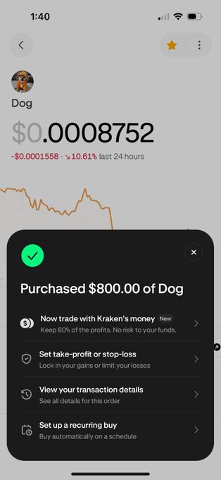 A screenshot from a cryptocurrency trading app showing a purchase confirmation for $800.00 of 'Dog' (Dogecoin), with a current price of $0.0008752.