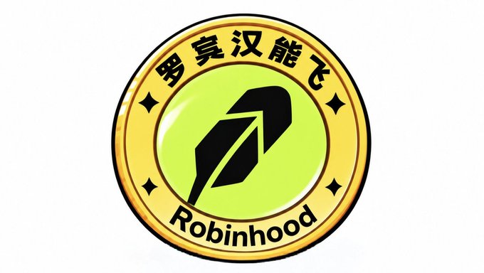 A circular yellow and green logo featuring a black quill/pen icon in the center, with Chinese characters along the top border and the word 'Robinhood' written at the bottom.