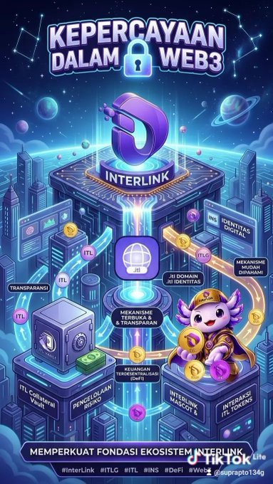 A colorful promotional graphic titled 'KEPERCAYAAN DALAM WEB3' for InterLink, featuring a cute dragon mascot, a padlock, and various tech-related icons with text in Indonesian.