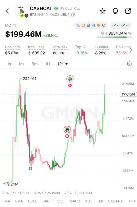 A GmGn chart shows CASHCAT (Cash Cat) token data with market cap of $199.46M (+29.16%), ATH of $234.04M, and price history displayed over a 12-hour timeframe from late July to August 2026.