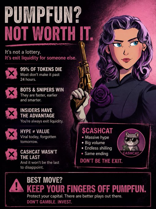 Warning poster titled 'PUMPFUN? NOT WORTH IT.' featuring an illustrated woman with purple hair holding a gold revolver, listing reasons like '99% OF TOKENS DIE', 'BOTS & SNIPERS WIN', and promoting '$CASHCAT' with the message 'KEEP YOUR FINGERS OFF PUMPFUN' and 'DON'T GAMBLE. INVEST.'
