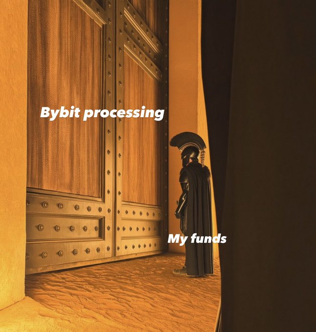 A Spartan warrior stands before massive bronze gates labeled "Bybit processing" and "My funds," symbolizing a user trapped behind slow centralized exchange barriers. The image visually captures the post's message about the frustration of waiting for KYC, swaps, and withdrawals on Bybit, contrasted with Chainflip's promise of self-custody and control.